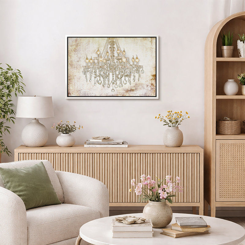 Glam Chandelier "Bright Gold Crystal Light Collier Artwork, Vintage Elegant Wall Pictures, Large Framed Canvas Giclée Print Wall Art"