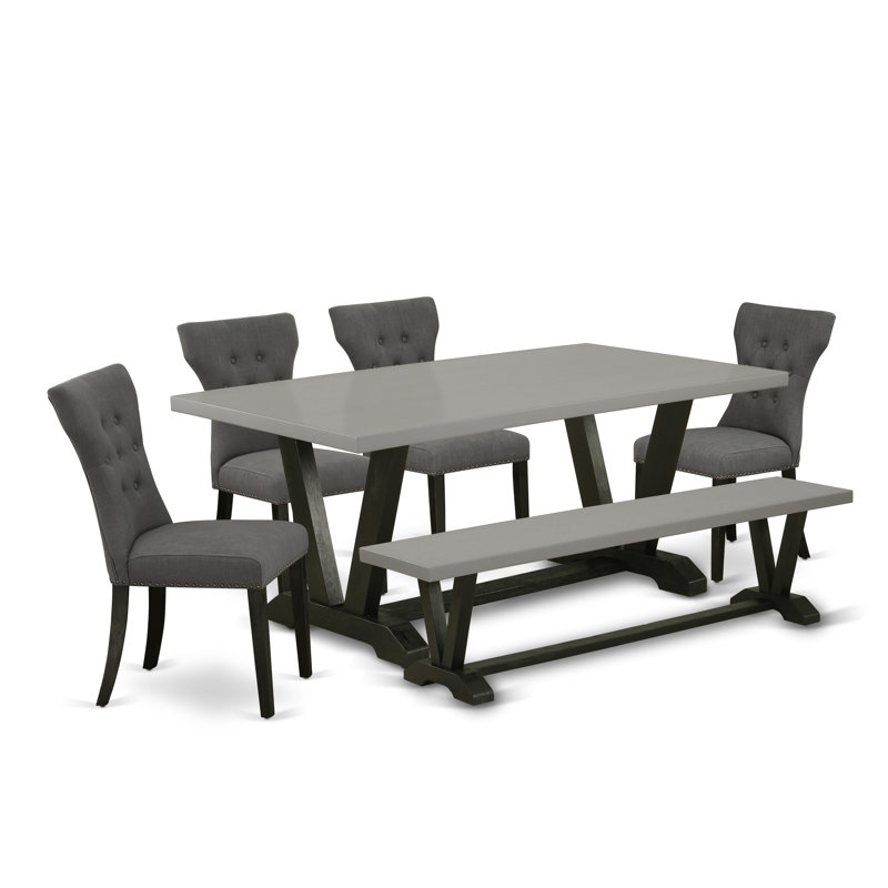 6-Pc Set an Excellent Cement Kitchen Table top and a Gorgeous Bench and 4 Dark Gotham Grey dining room chairs with Button Tufted Chair Back, Wire Brushed Black Finish