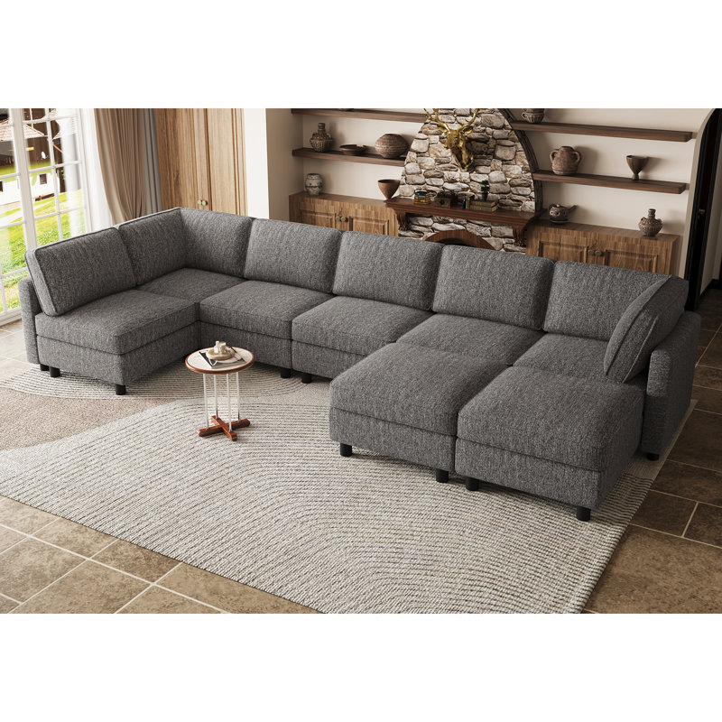Straight Modular Sofa With Storage For Large Open Concept Living Room, Grey Polyester Blend