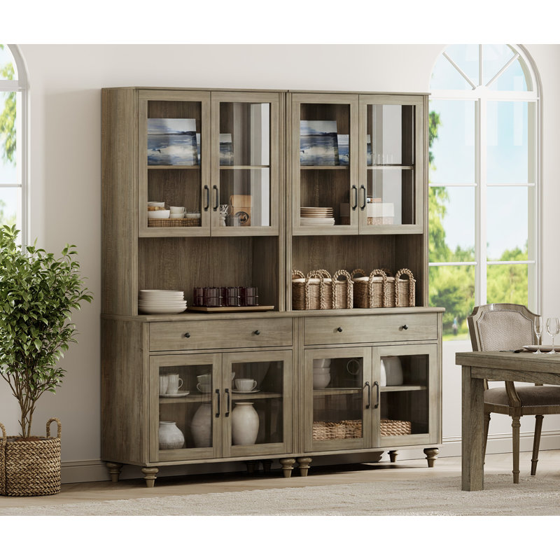 Buffet Corretta avec meuble bar et étagères ouvertes, meuble de rangement avec portes vitrées et tiroir, gris délavé, 173 cm (68 po)