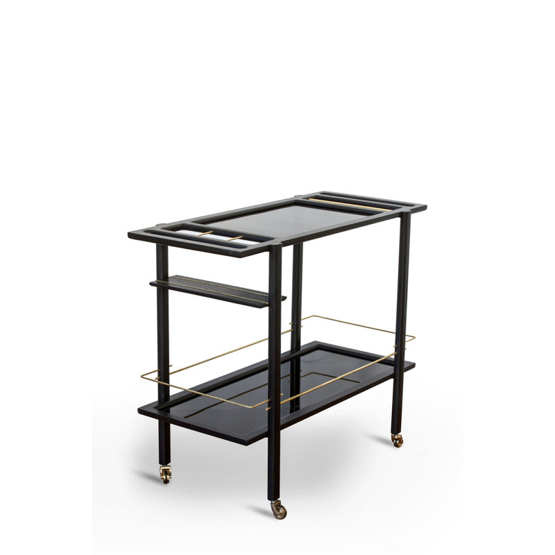 Solid Wood Bar Cart with Wheels, Ebonized Oak/Brass