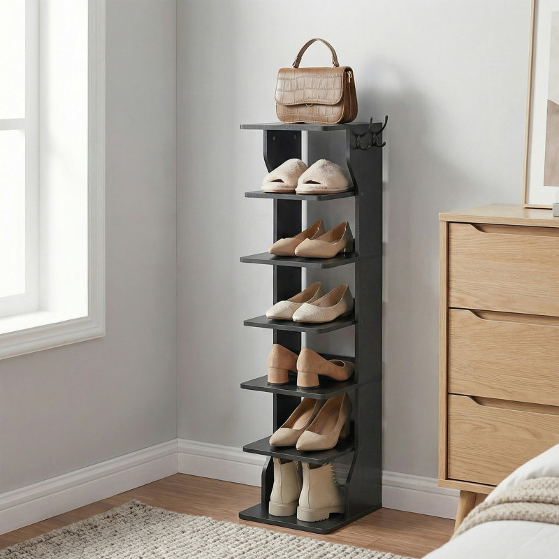 Range-chaussures 7 rangées, 7 paires, range-chaussures étroit avec crochets, H 43,5 po x l 10,4 po x P 11,8 po, Noir