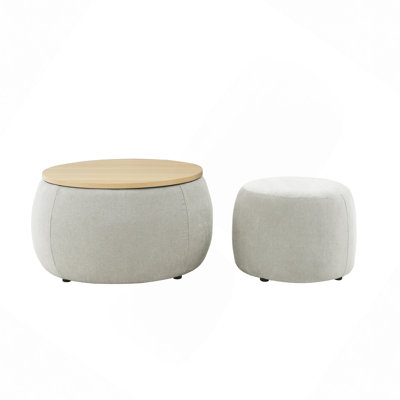 Round Storage Ottoman, 2 In 1 Function, Work As End Table And Ottoman,With Small Seat