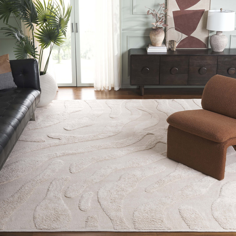 Moura Abstract Handmade Cotton Area Rug in Ivory, Rectangle 8' x 10'