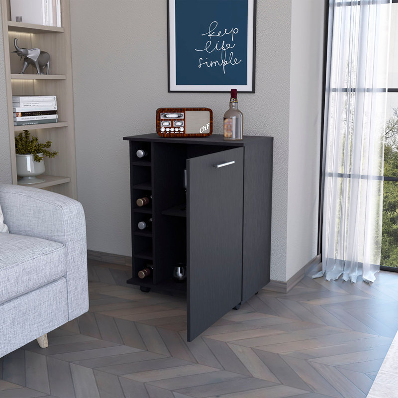 Chariot-bar Rawlins avec support pour 6 bouteilles, cabine de rangement et roulettes mobiles, Noir