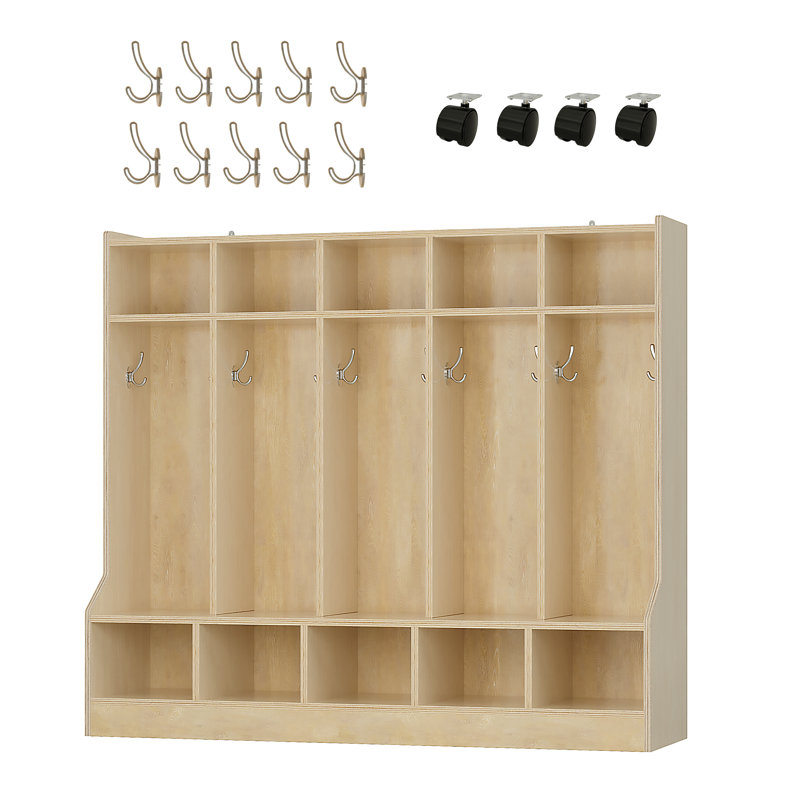 Casier pour enfants avec banc pour salle de classe, surface en bois lisse 10 casiers, casier de garderie avec 4 roulettes cachées et 10 crochets