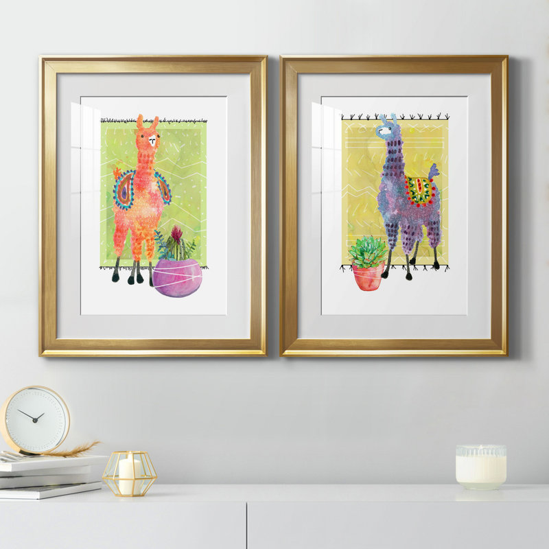 «Lovely Llama I», ensemble de 2 reproductions d'art, H 18,5 po x l 49 po x P 1,5 po, Papier encadré doré, Blanc