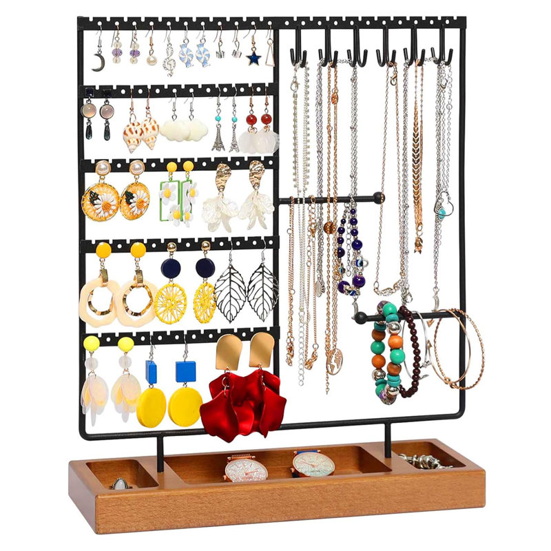 Présentoir à bijoux avec support et organisateur avec plateau en bois et crochets pour collier 