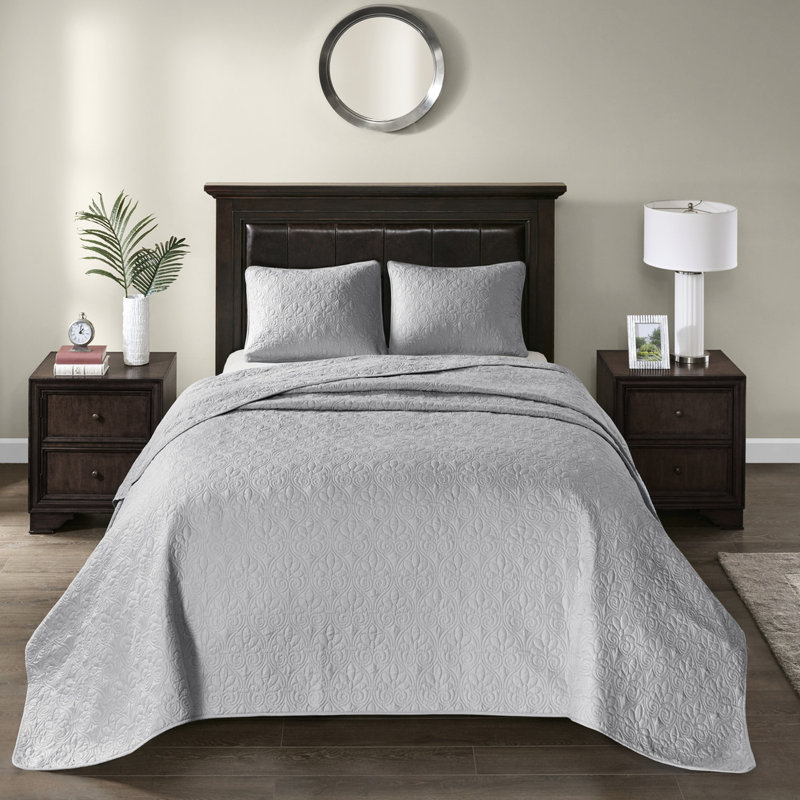 Couvre-lit réversible en grand gris - Conception matelassée attrayante surdimensionnée pour un rembourrage optimal en coton prélavé et 2 taies décoratives Textile lavable à la machine
