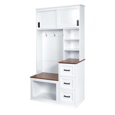 Modern Entryway Bench With Coat Rack,3 Shelves And Drawers,3 Sturdy Hooks