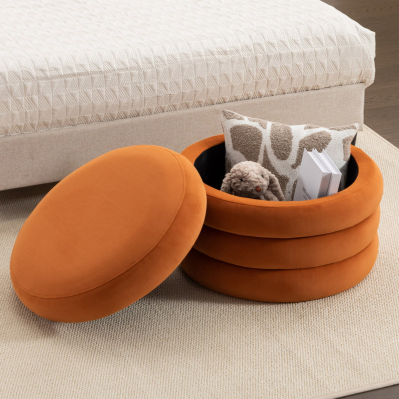 Tomkiel Round Storage Ottoman, Orange Velvet