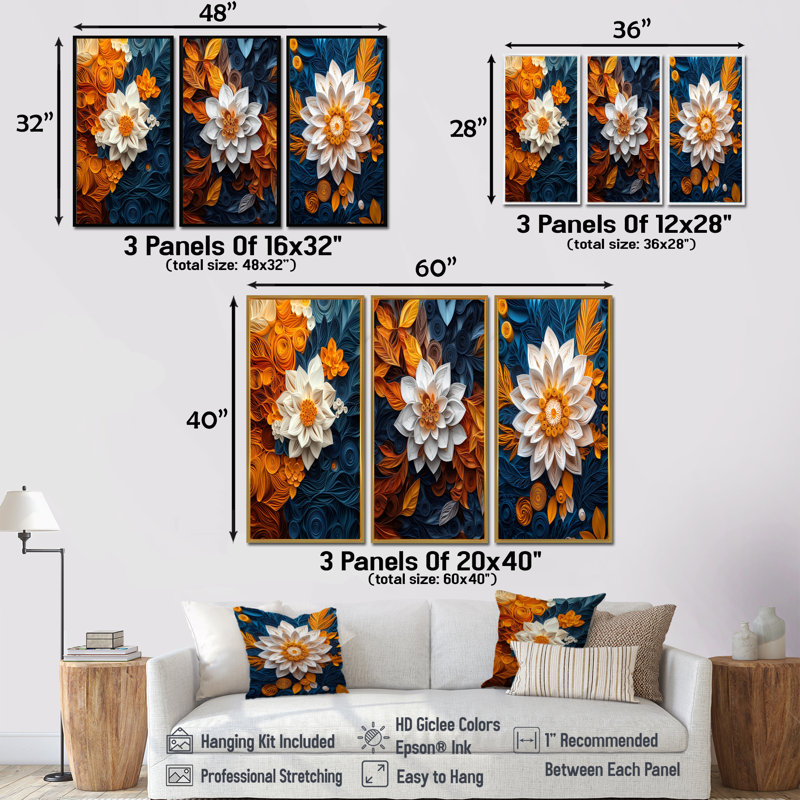 Floral Botanical Whirlwind I - Botanicals, impressions sur toile, collection de 3 panneaux, Toile tendue, H 28 po x l 36 po