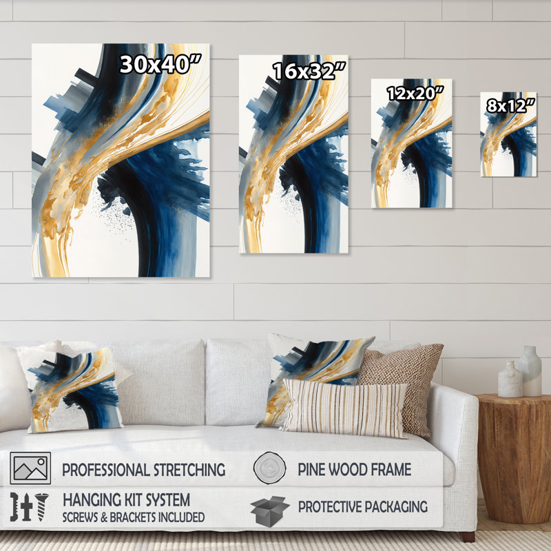 Bleu et or tourbillon abstrait I - abstrait spirales murales, H 32 po x l 24 po x P 1 po, Toile tendue