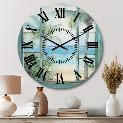 Tropical Beach Windows Horizon I - Coastal Windows Black Face Wall Clock