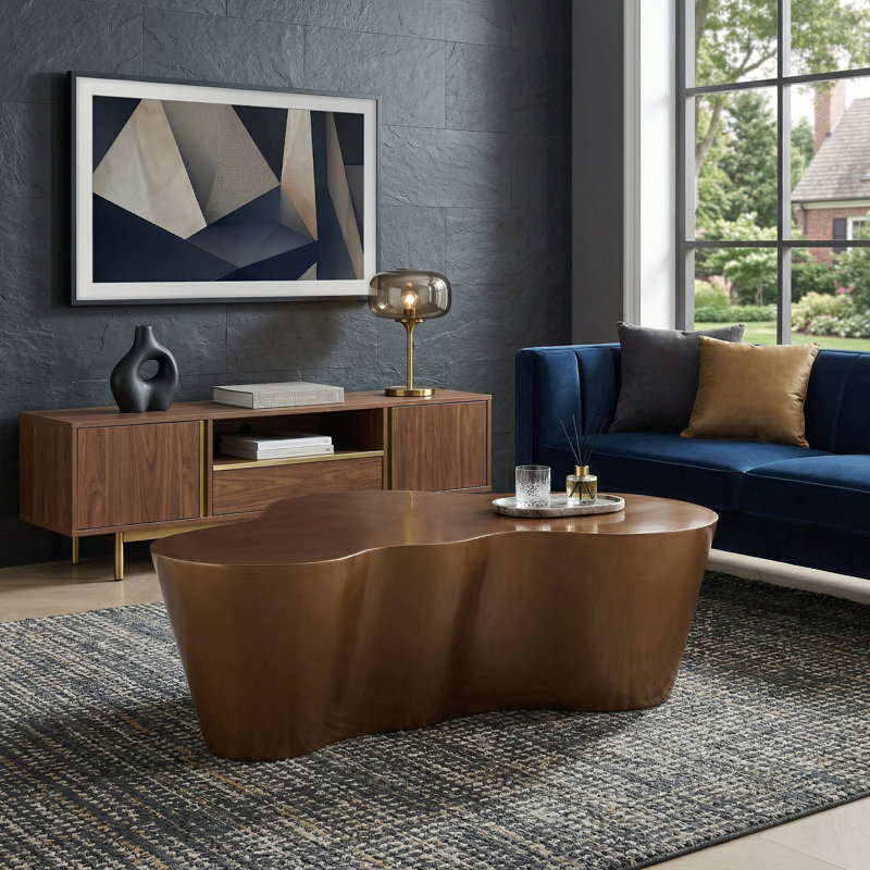 Table basse sculpturale moderne 50 po, fibre de verre, aucun assemblage requis, brun, Brun