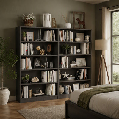 Tall 60 Inch Wooden 5-Shelf Bookcase with Adjustable Shelves, Perfect for Bedroom Storage and Display.
