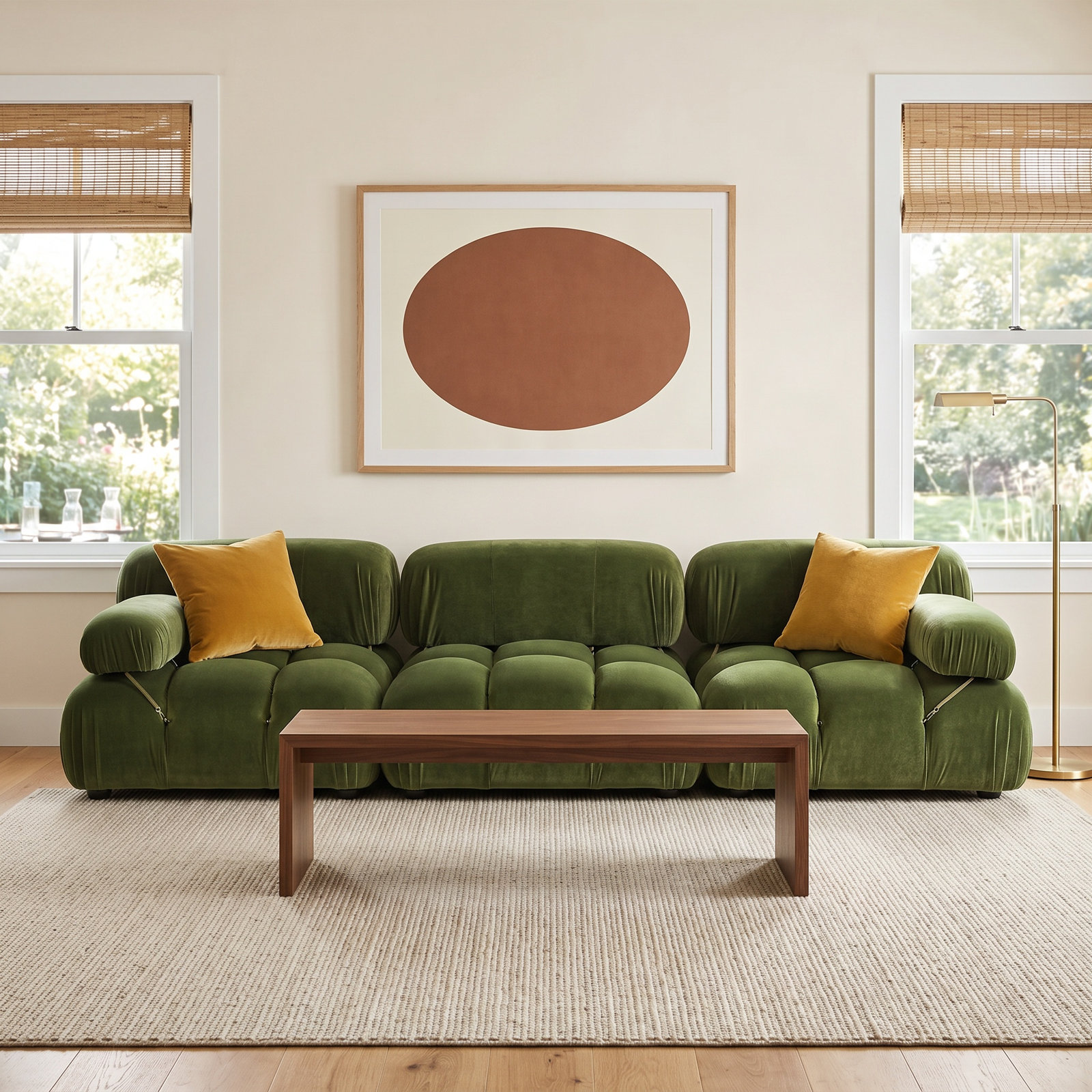 Sigma Upholstered Sofa, Olive Green Velvet, 27.5" H x 109.5" W x 36" D, 3