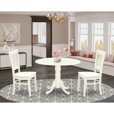 3 Piece Modern Dining Table Set Contains a Round Wooden Table with Dropleaf and 2 Linen Fabric Dining Chairs, Linen White