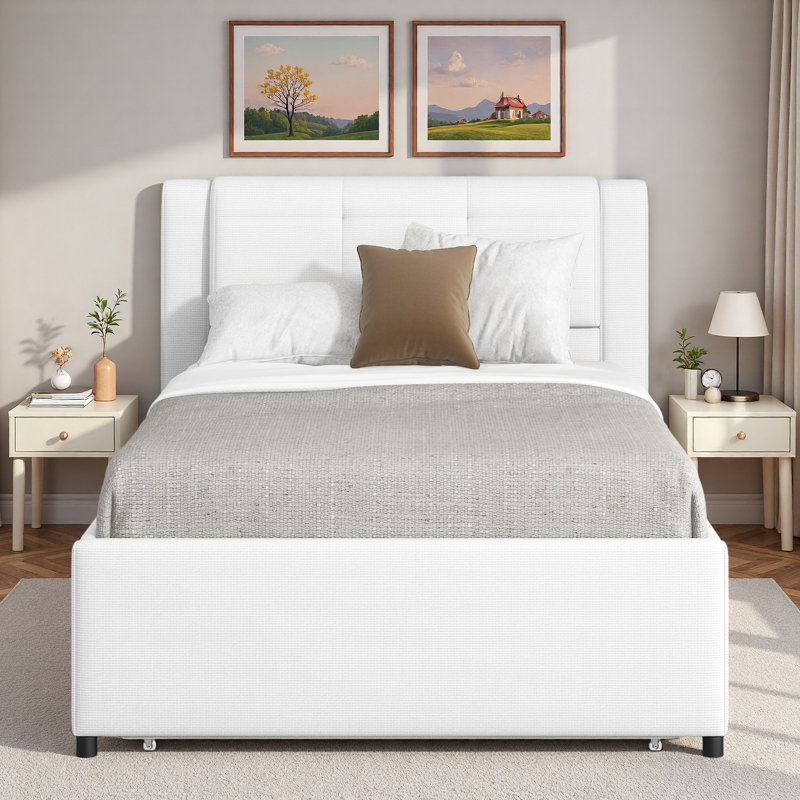 Lit plateforme tapissier avec lit gigogne multifonctionnel et tête de lit, Beige