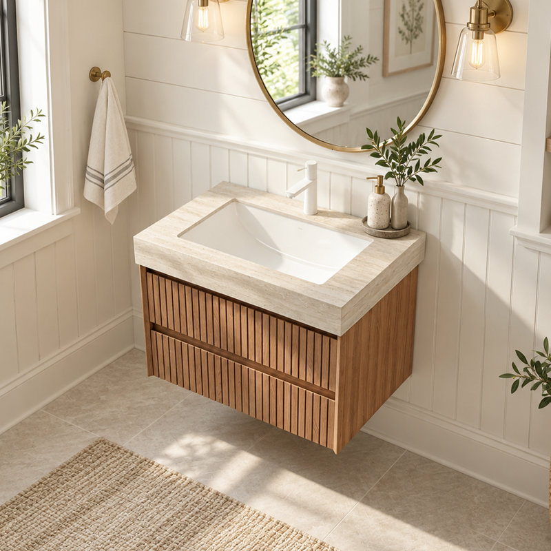 30" Pre-assembled Bathroom Vanity With Travertine Sintered Stone Top, 30"