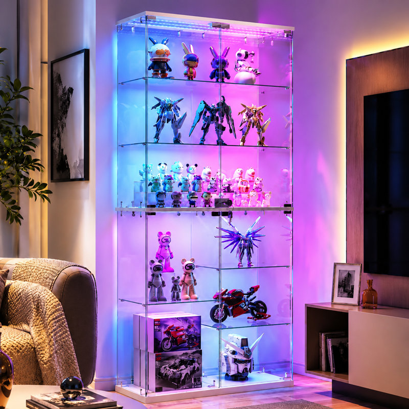 8-Tier Glass Display Cabinet with RGB LED Lighting, Lockable Doors and Anti-Tip Design, White
