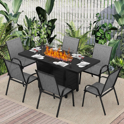 7-Piece Outdoor Patio Dining Set, 2-In-1 Fire Pit Dining Table & 6 Stackable Chairs