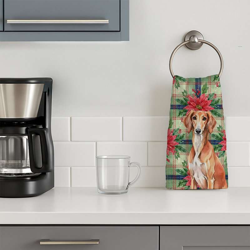 Red Saluki Christmas PoinsettIas Kitchen Towel, Red Saluki