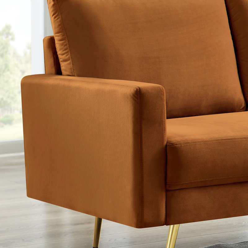 Causeuse à accoudoirs carrés en velours 62,5 po Sennur, Velours orange