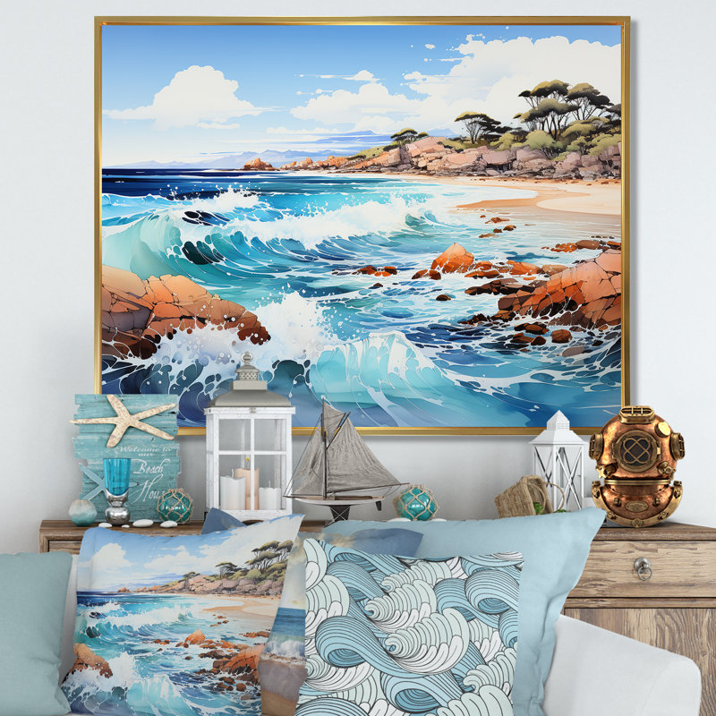 «Blue Beach Waves Fusion IV» - Art mural sur toile nautique et plage, H 34 po x l 44 po x P 1,5 po, Cadre flottant doré