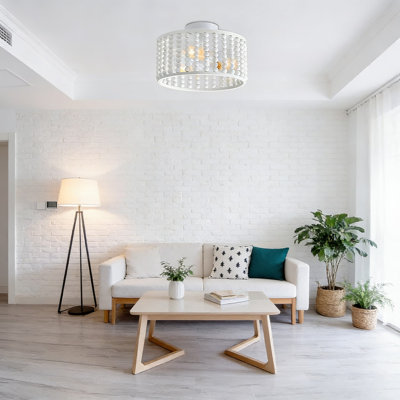 Boho Wood Bead Chandelier, Semi Flush Mount Ceiling Light Fixture With 3 Lights, Rustic Farmhouse Design For Nursery, Bedroom, Kitchen, Living And Dining Room