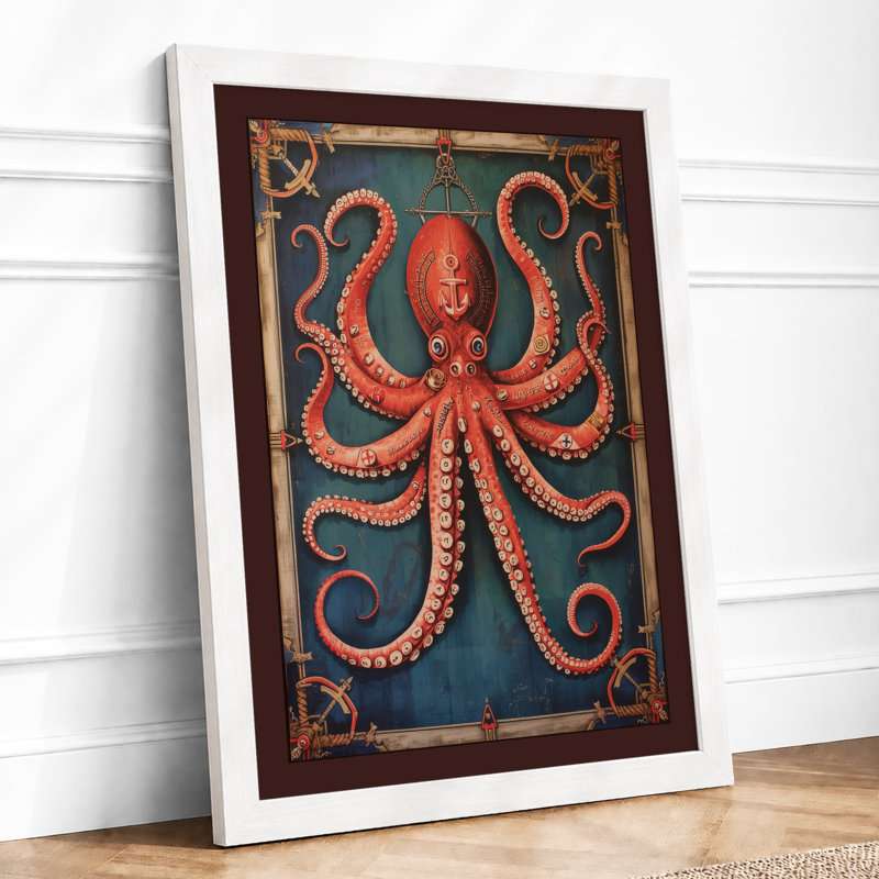 Ornamental Octopus Art Deco - Framed Print, A3 - 42.0 x 29.7 cm, White