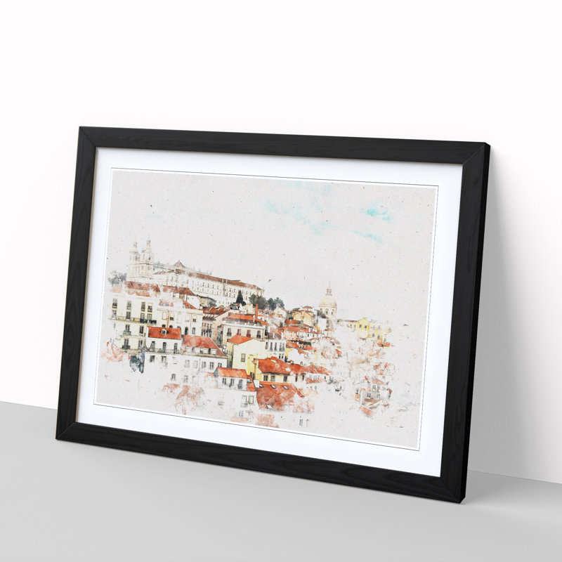 Alfalma Lisbon Portugal Skyline Watercolour - Single Picture Frame Print on MDF, 62cm H x 87cm W x 2cm D, Black Framed