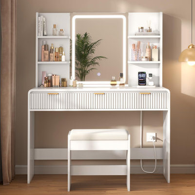 Makeup Vanity Desk Set with LED Lighted Mirror, Adjustable Brightness, Built-in Power Outlet, Fluted Drawers, Open Side Storage Shelves and Upholstered Stool for Bedroom, White