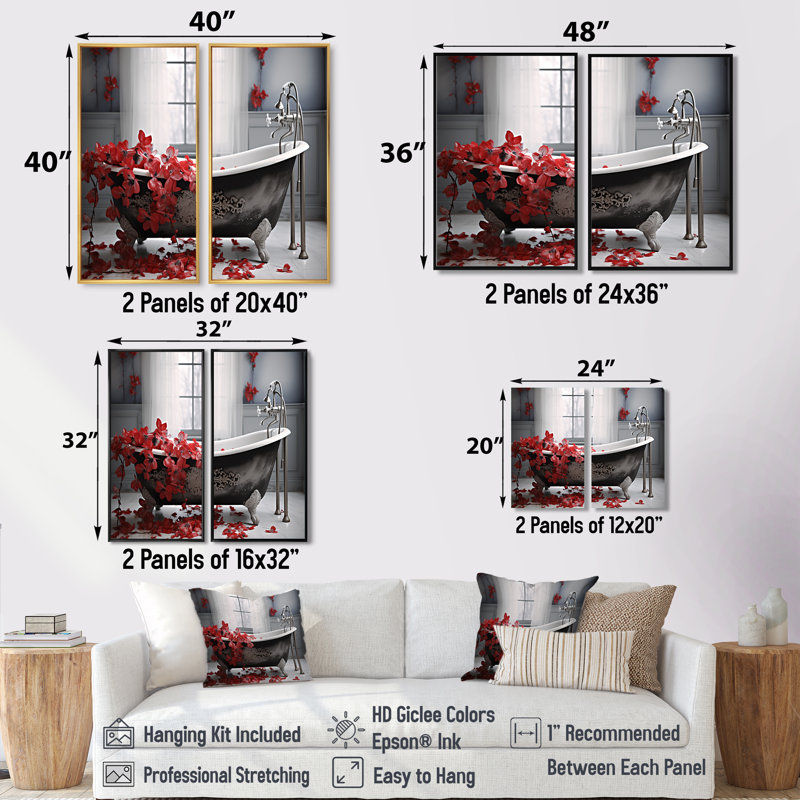 «Red Floral Bath I», art mural traditionnel orange, Noir, H 36 po x l 48 po, Reproduction encadrée sans passe-partout