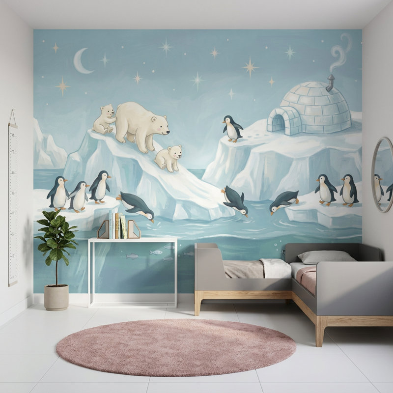 Papier peint ours polaire avec pingouins, Texturé non collé, 140 po x 108 po