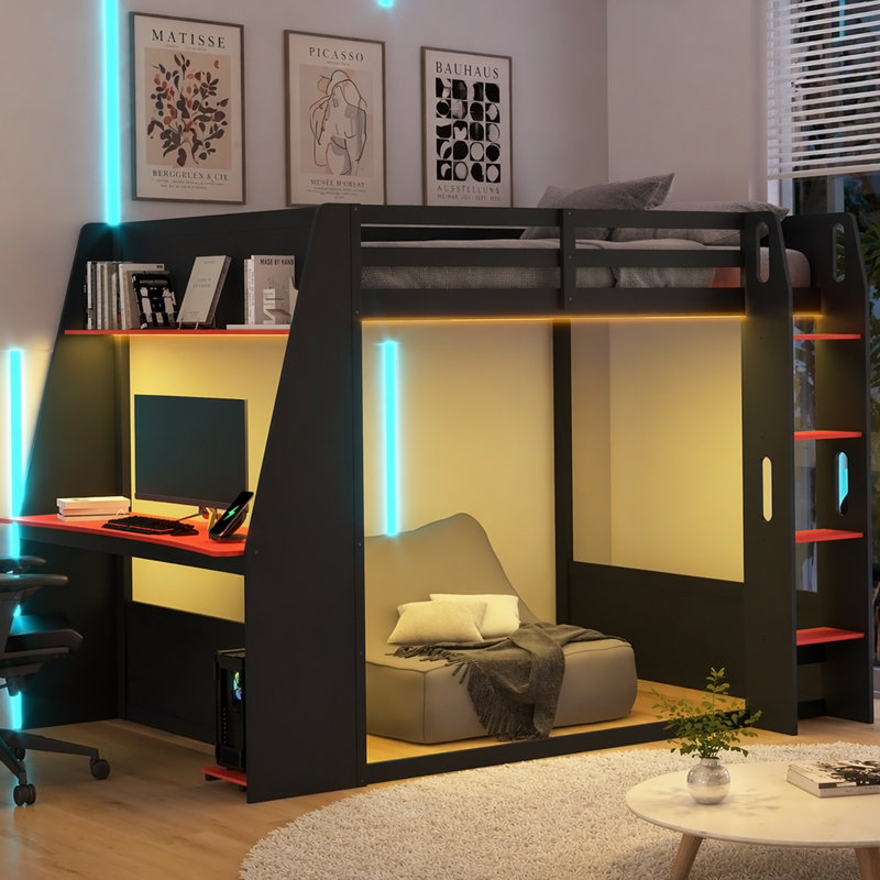 Lit superposé double en bois pleine grandeur avec bureau, deux tablettes de rangement, USB et lumière DEL, Black/Red