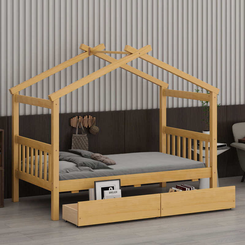 Wooden House Bed With Drawers, Natural, Full / Double