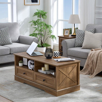 48" Farmhouse Coffee Table for Living Room, Wood Coffee Table with Storage, Rectangular Table Center Table with 2 Drawers, Large Tabletop Dining Table for Home Living Room