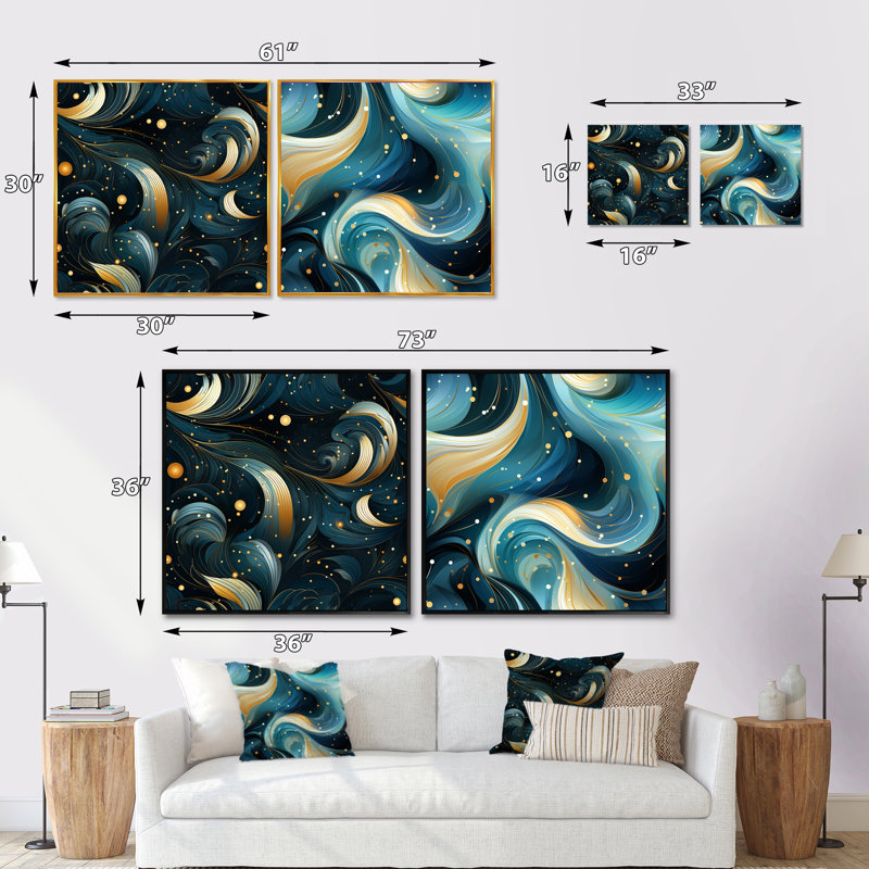 Cind - Collages abstraits, ensemble de 2 collages carrés, Cadre flottant noir, H 30 po x l 61 po