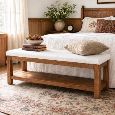 Banc de rangement en bois massif 55,12 po avec repose-pieds rembourré, banc d'entrée avec tablette inférieure ouverte pour le couloir de la chambre à coucher