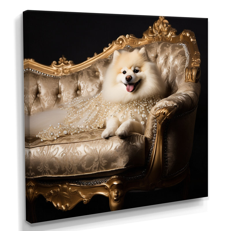 Adorable poméranien sur canapé Glam - art mural chien, Toile tendue, H 16 po x l 16 po x P 1 po