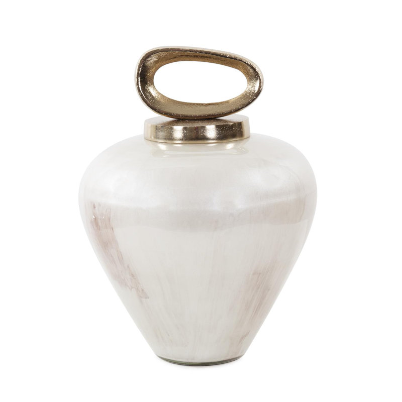 Reza Glass Urn with Ornate Metal Top- Large, 12" H x 9.5" W x 9.5" D