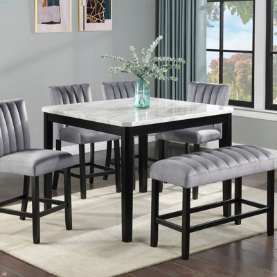 6-Piece Contemporary Counter Height Dining Set Square Table Tope Black Finish Upholstered Chairs Bench Channel Tufting Wooden Solid Wood Dining Room K by Hokku Designs
