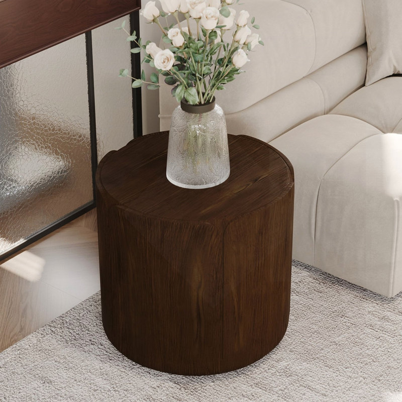 Round Outdoor Indoor Side Table, Modern Wood Grain Patio Garden Stool, Sturdy MGO Waterproof, No-Assembly For Versatile Use (Brown)