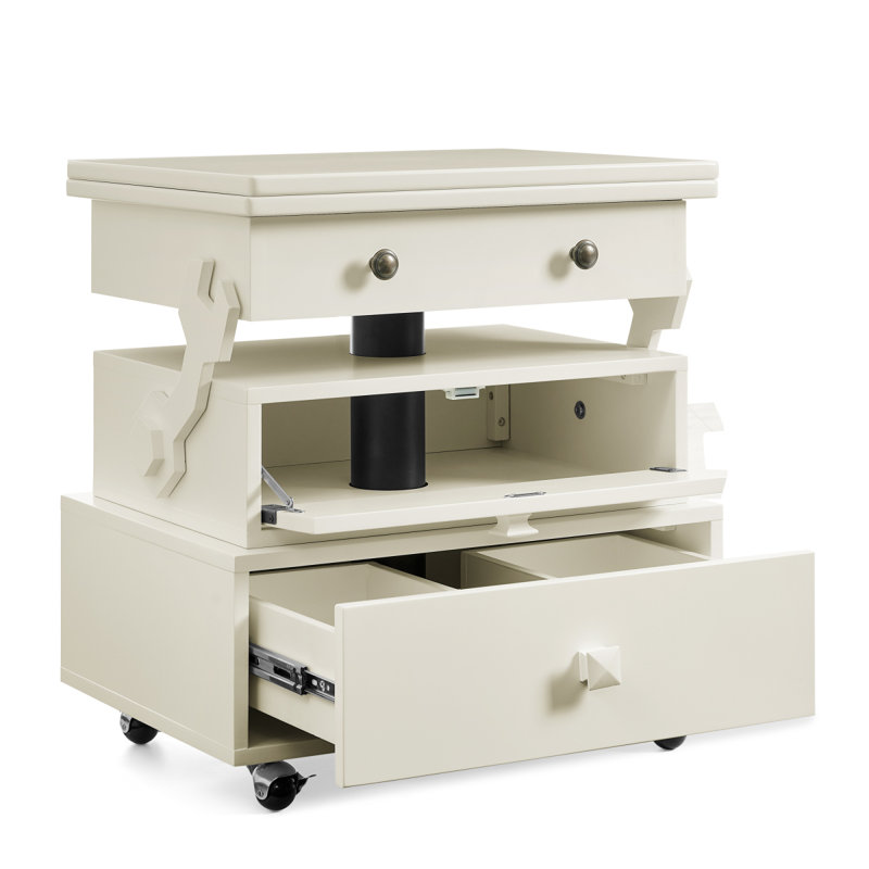 Table de bout roulante à hauteur ajustable laquée ultrabrillante avec station de charge et roues universelles avec freins, table à plateau relevable multifonctionnelle avec tiroirs de rangement pour la chambre à coucher du salon