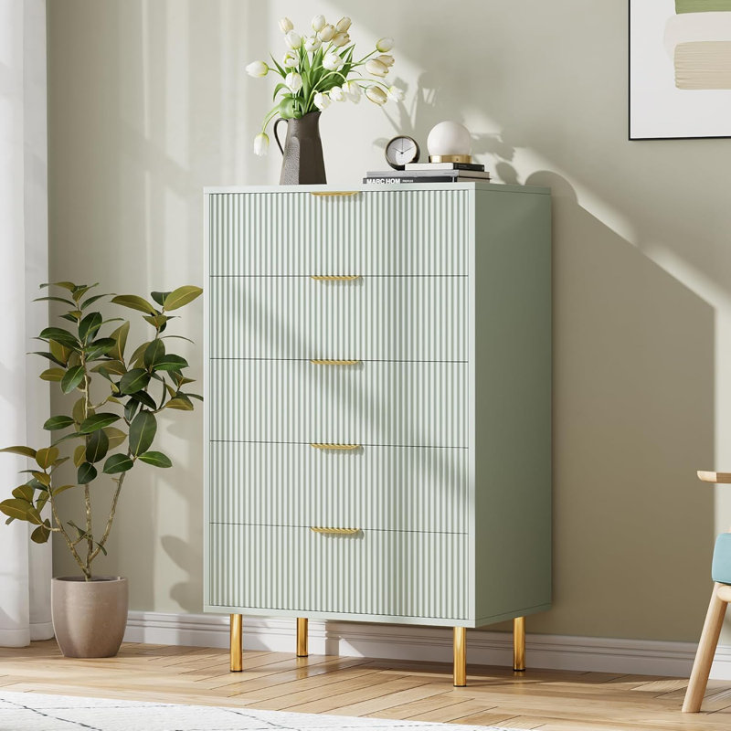 Dresser, Modern 5 Drawer Dresser for Bedroom with Gold Handle and Large Drawer,Double Chest of Drawers, Green