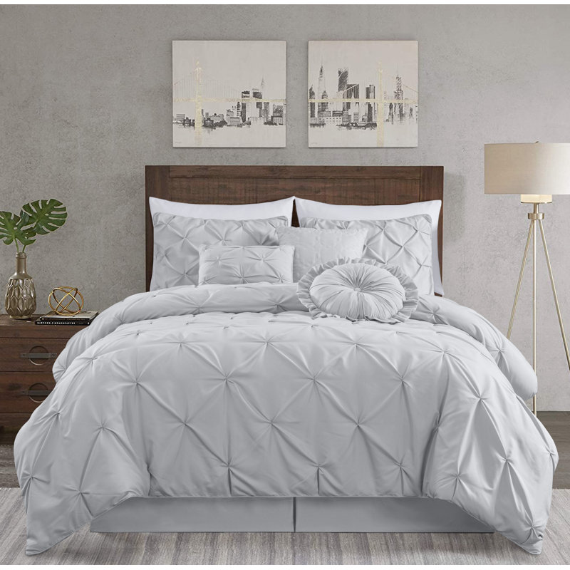 Ensemble d'édredon en microfibre 7 pièces Sydney Pintuck, Édredon double et 6 pièces supplémentaires, Gris clair