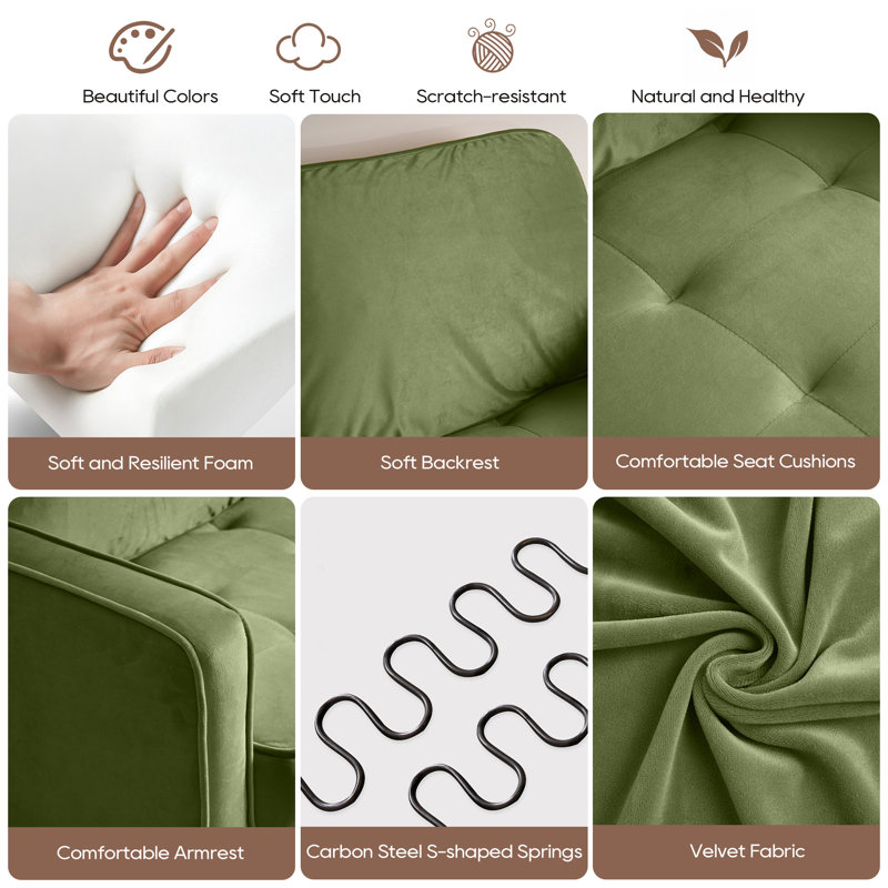 Muneef Corvettta 57.5"  square armrest pull-button double velvet couch, Army Green