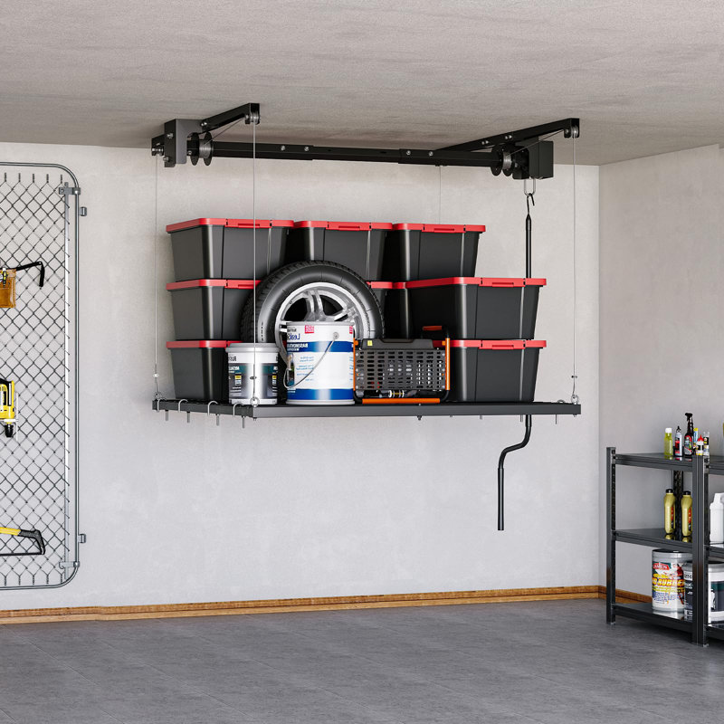 Support de rangement réglable pour plafond de 4 pi 4 po, support de garage supérieur robuste avec capacité de 300 lb et verrou de sécurité automatique, idéal pour l'aménagement du grenier et du sous-sol
