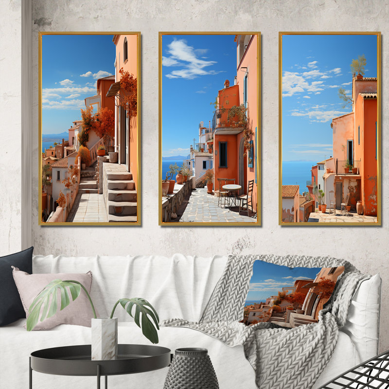 «Italy Terracotta Tones Fontanas VI», 3 pièces sur toile, Encadrement doré, H 40 po x l 60 po